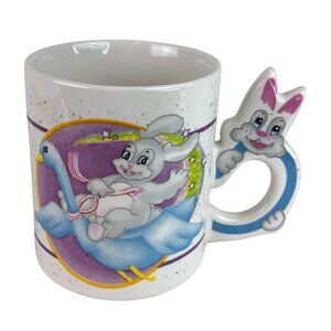 Vintage Bunny Rabbit Colorful Easter Ceramic Coffee Mug Cup Bunny Shaped Handle